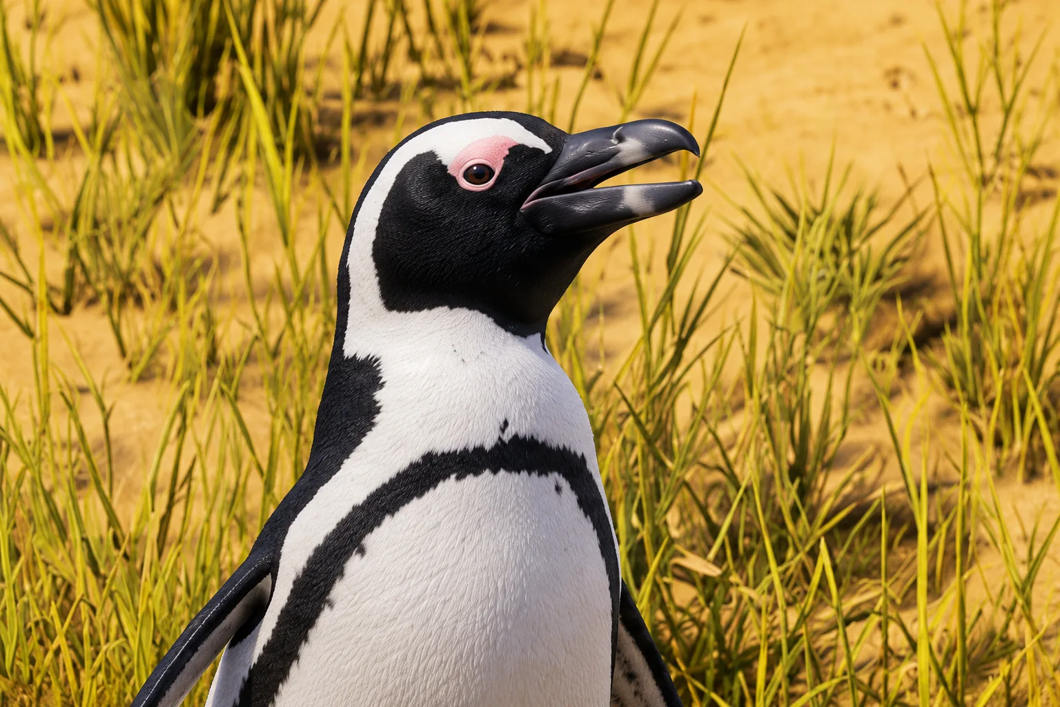 An African penguin standing among long grass, facing to the right