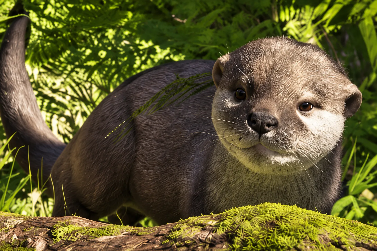 An Asian small-clawed otter beside moss-covered wood