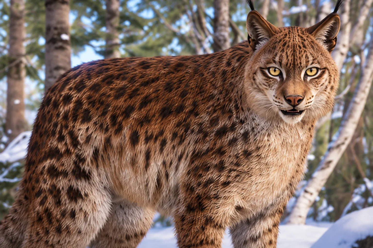An Eurasian lynx standing in a snowy birch woodland habitat