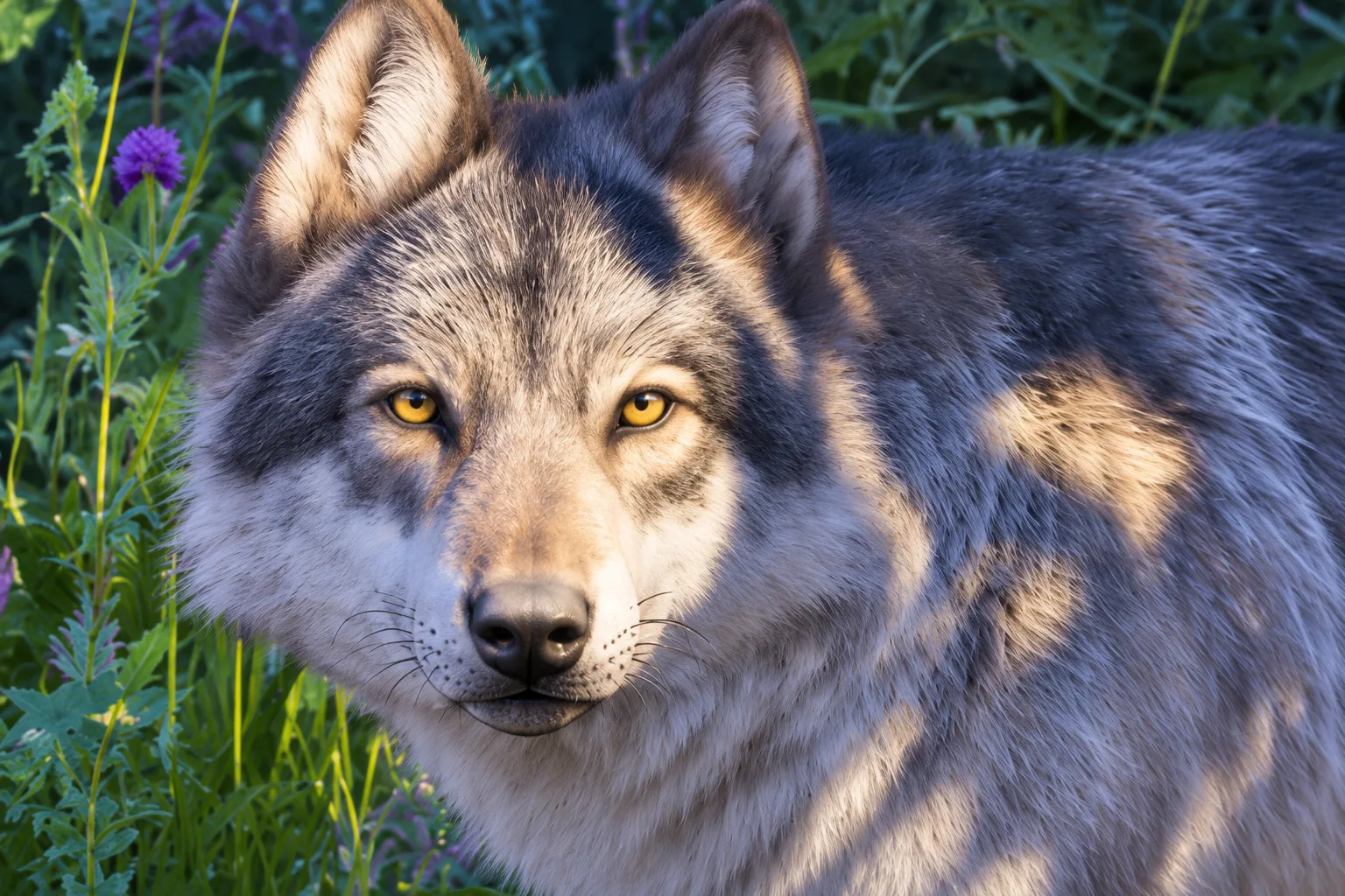 A grey wolf resting among grass and plants
