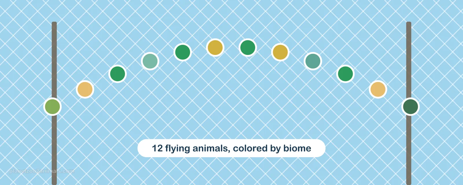 Chart of the Planet Zoo 2 flying animals as dots under a criss-cross aviary mesh, grouped by biome