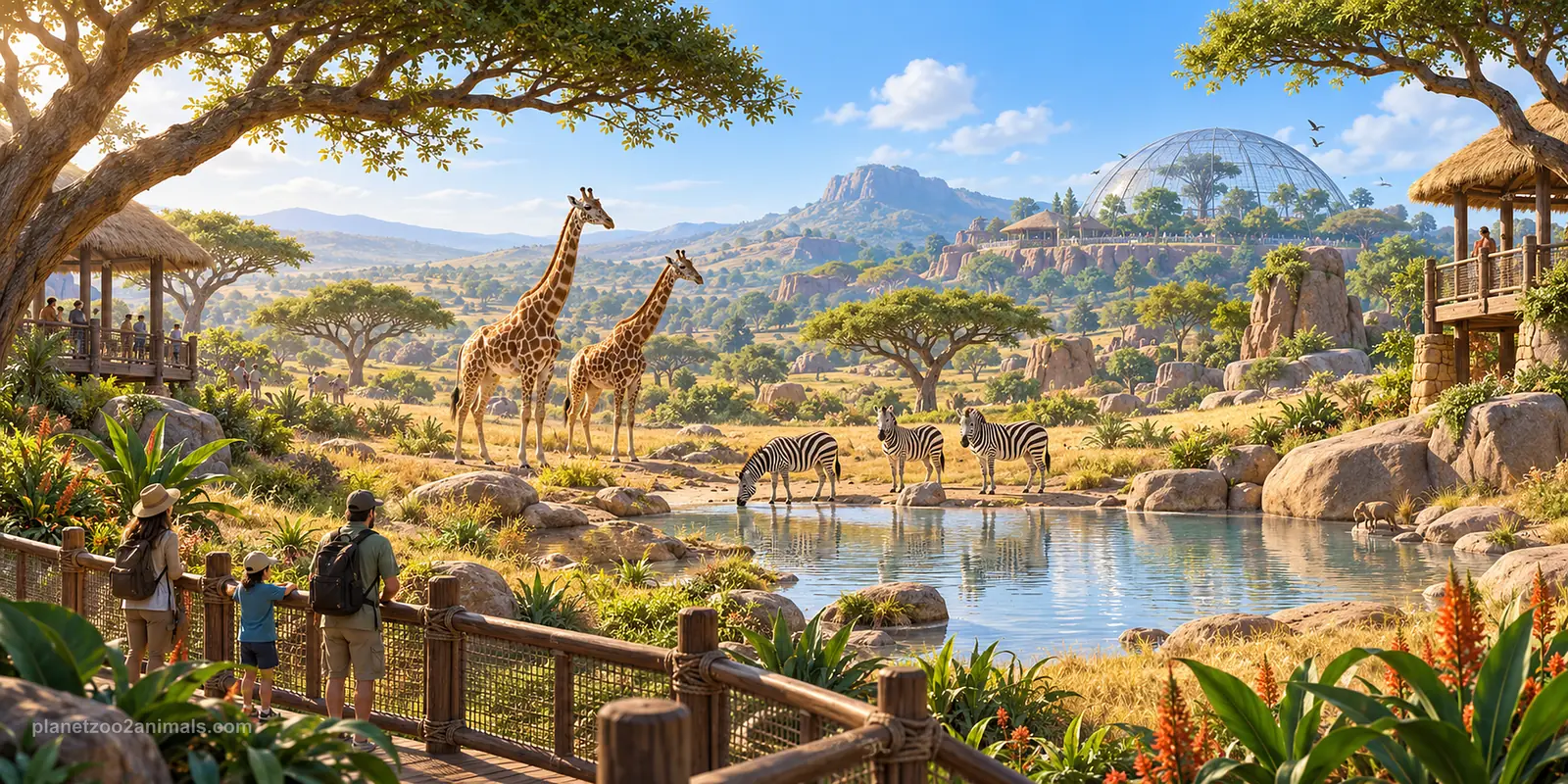 Illustration of a sunny savannah zoo habitat: two giraffes and three zebras at a watering hole, visitors on a wooden boardwalk, thatched viewing huts and a glass aviary dome in the distance