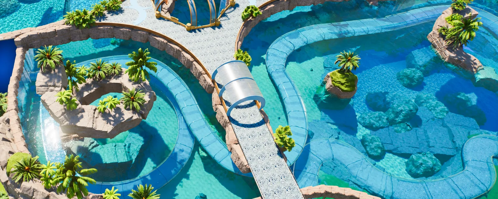 An overhead view of a zoo aquarium area with turquoise pools and glass-sided visitor paths