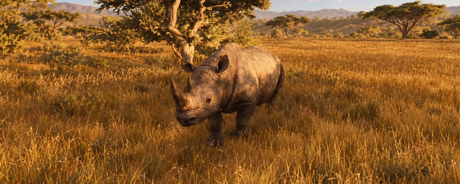 A black rhinoceros standing in tall grass in warm evening light