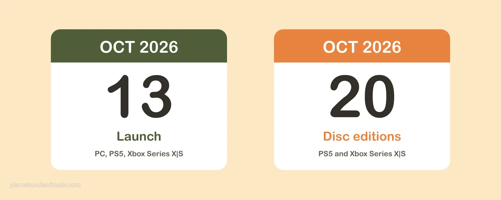 Calendar graphic marking the Planet Zoo 2 launch on 13 October 2026 and the disc release on 20 October 2026