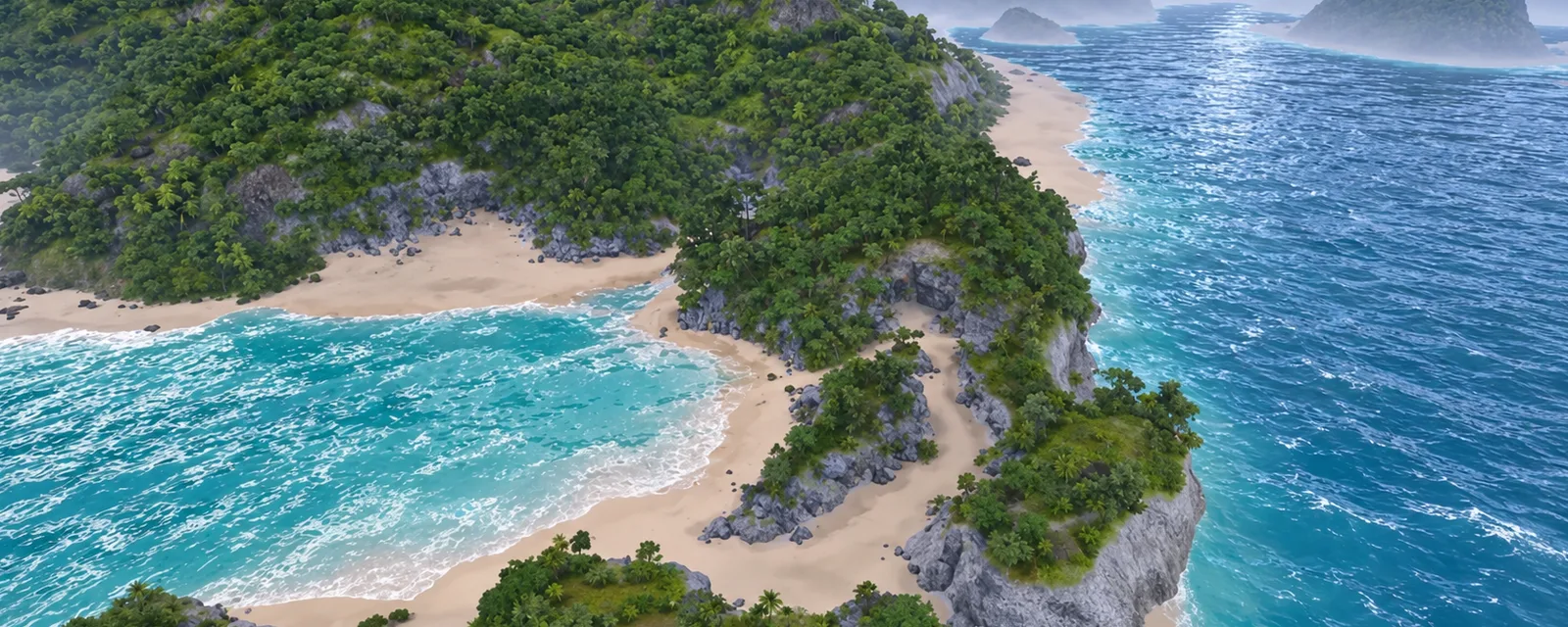A forested tropical coastline with sandy beaches and turquoise water