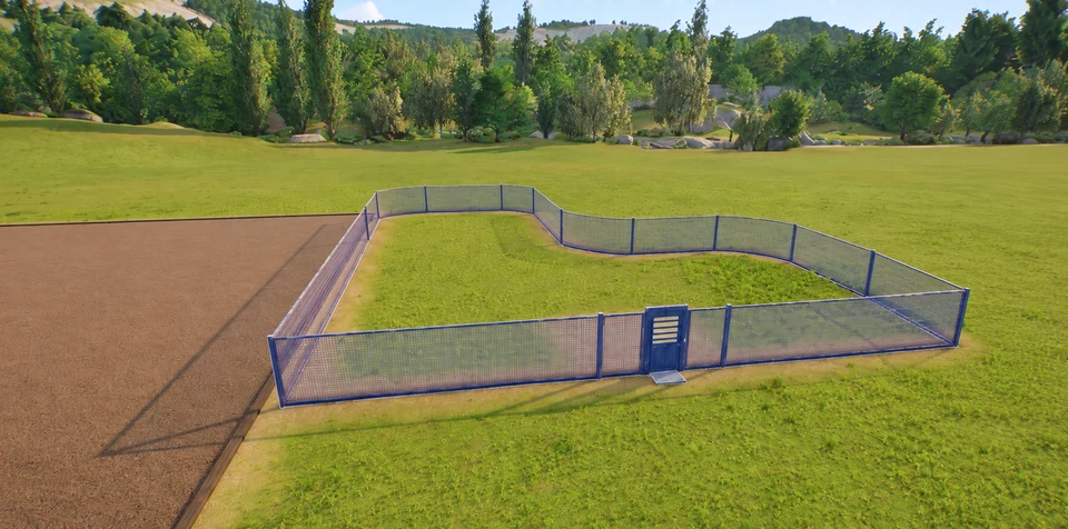 AI-edited view: An empty enclosure with barriers and a staff gate