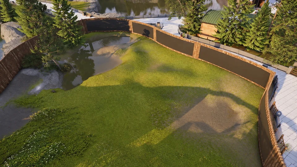 AI-edited view: An overhead view of a planted habitat beside guest paths