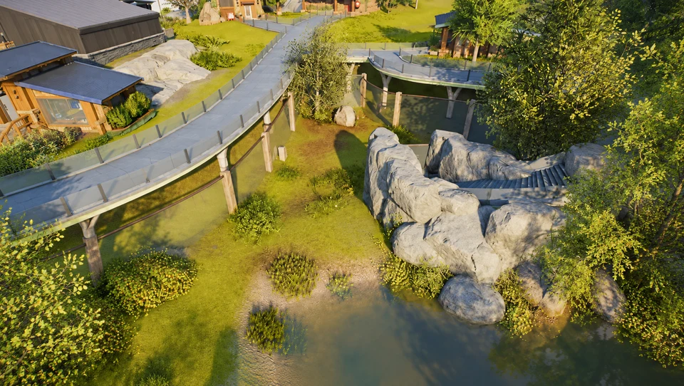 AI-edited view: Rock shelter, trees and an elevated viewing path