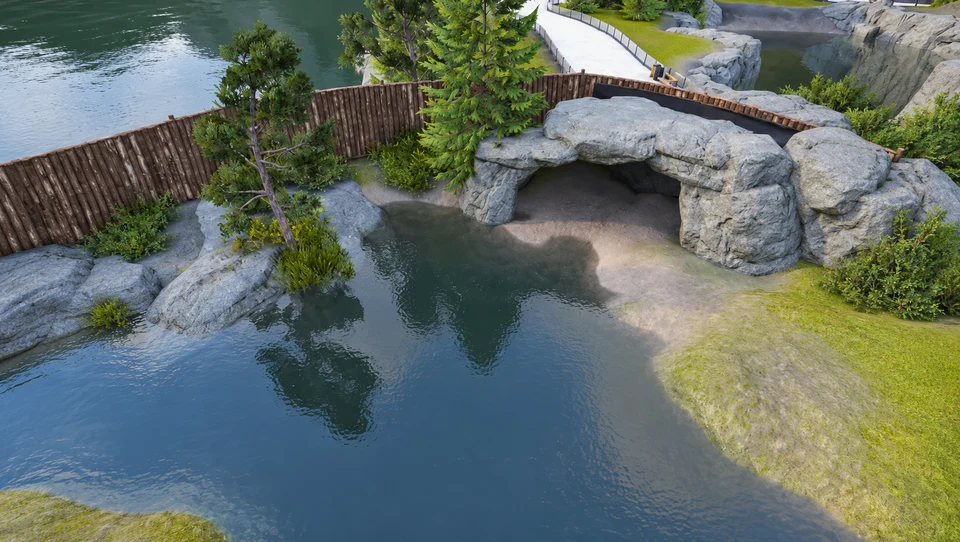 AI-edited view: A cave and rocky pool along the edge of a habitat