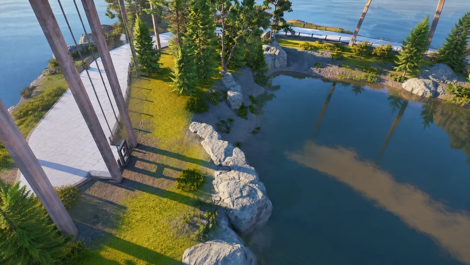 AI-edited view: Water, planting and roof supports inside an aviary