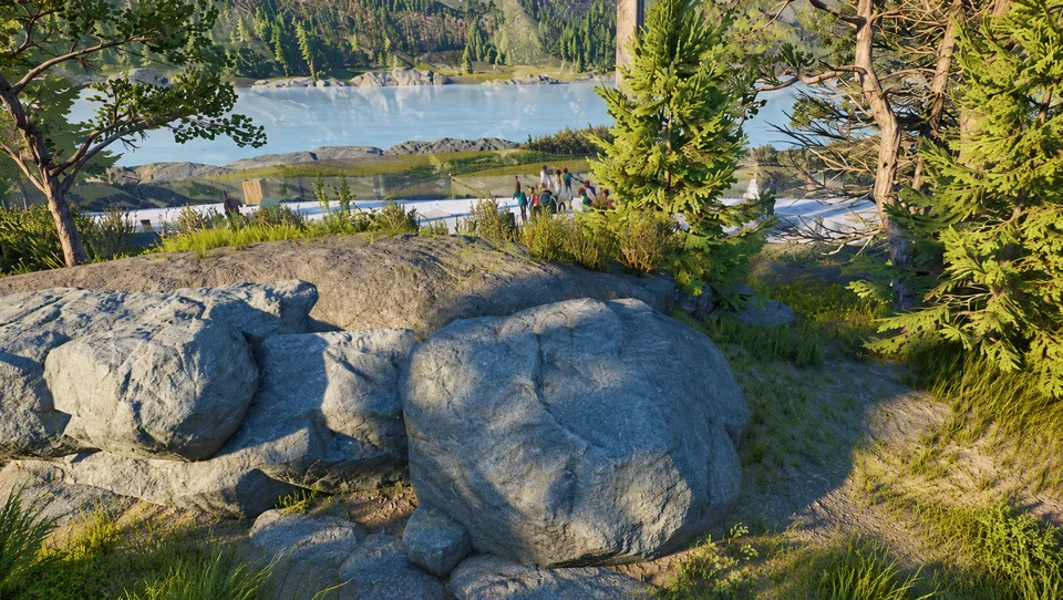 AI-edited view: Rocks and planting beneath aviary mesh