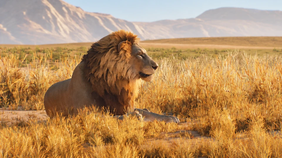 AI-edited view: A male lion resting in grass