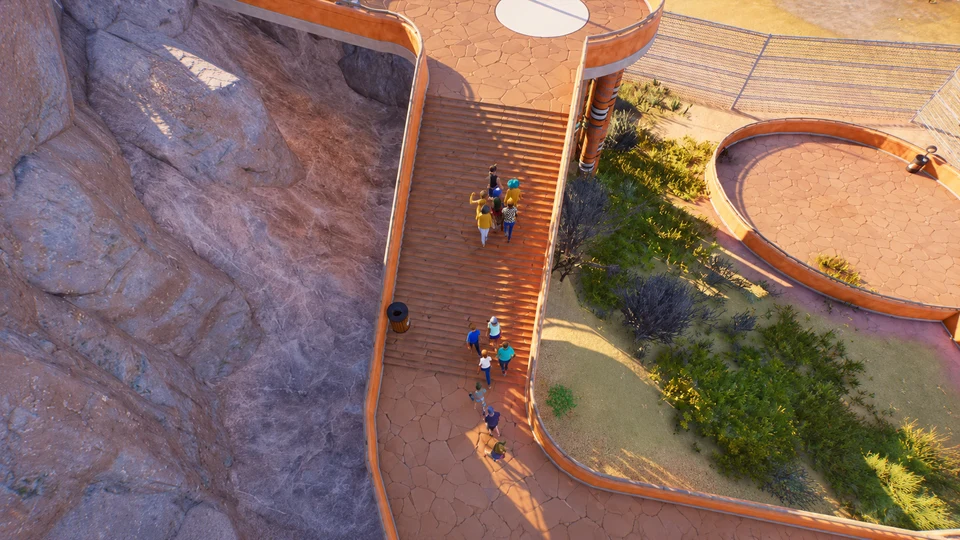 AI-edited view: Guest viewing steps beside a habitat wall