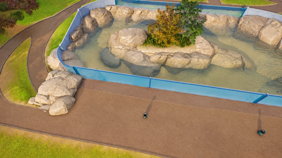 AI-edited view: An aquarium enclosure with rocks, planted banks and lighting