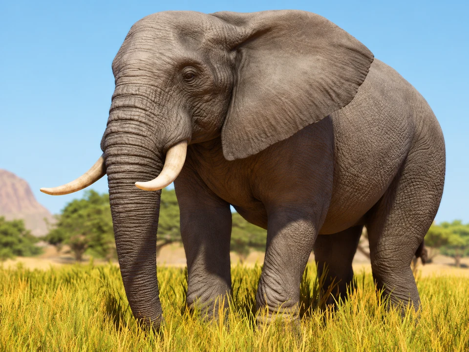 AI-edited view: An African savannah elephant standing beside rocks