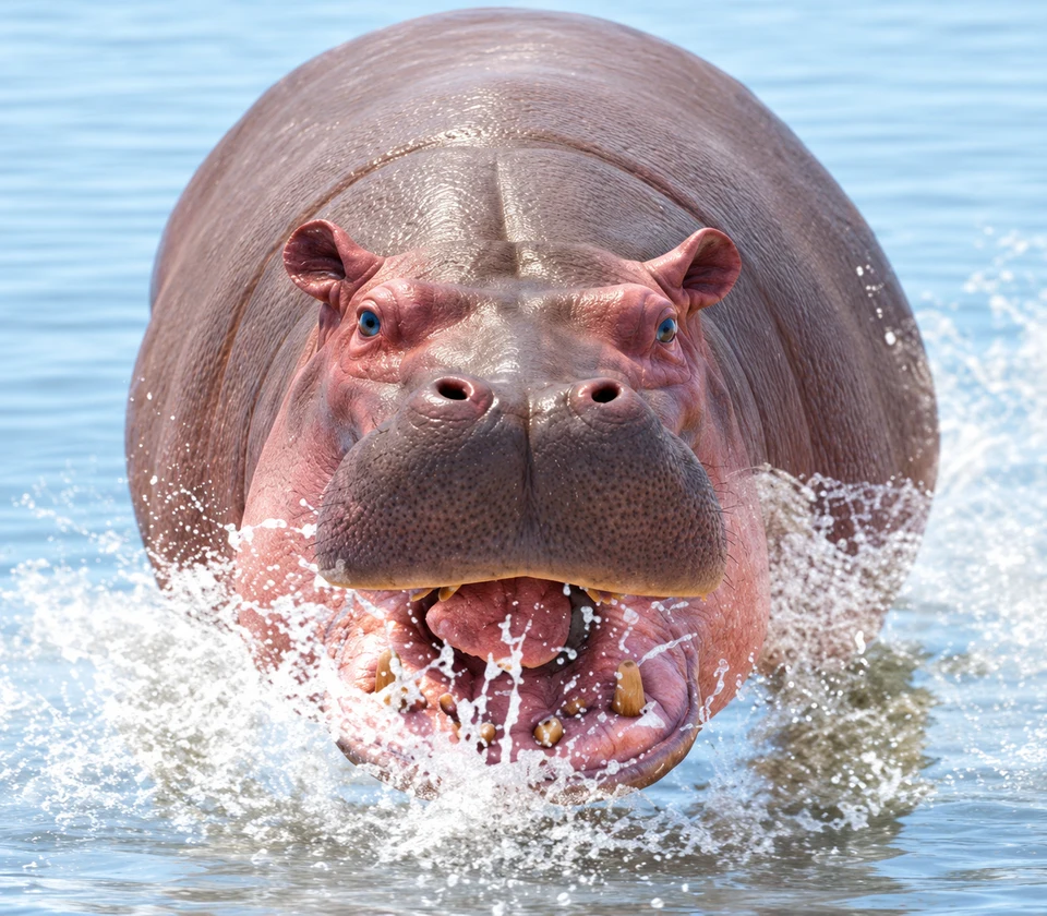 AI-edited view: A common hippopotamus with its mouth open above the water