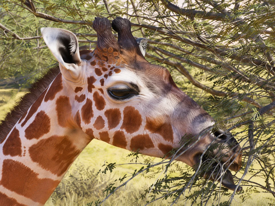 AI-edited view: A reticulated giraffe beside tree branches