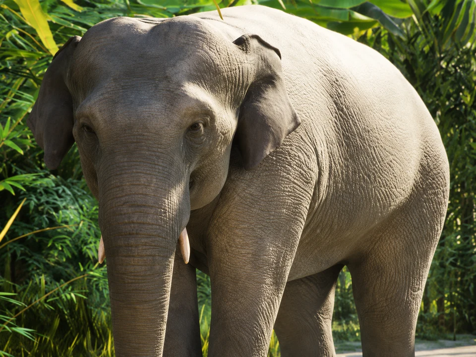 AI-edited view: An Asian elephant walking through a planted habitat