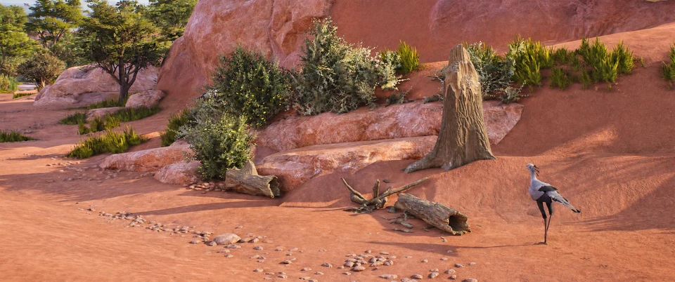 AI-edited view: Birds among red rocks and dry habitat planting