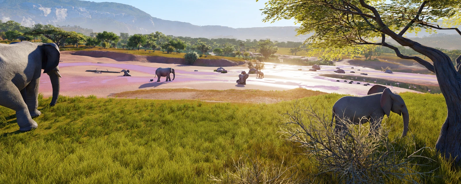 AI-edited view: Elephants beside water and grassland in a reserve