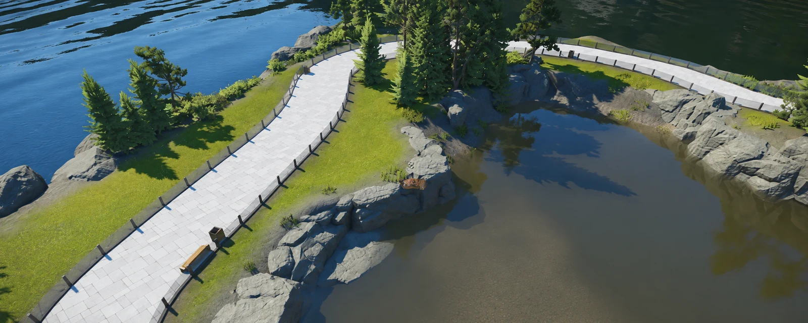 AI-edited view of a curved visitor path beside a planted pond and rocky habitat