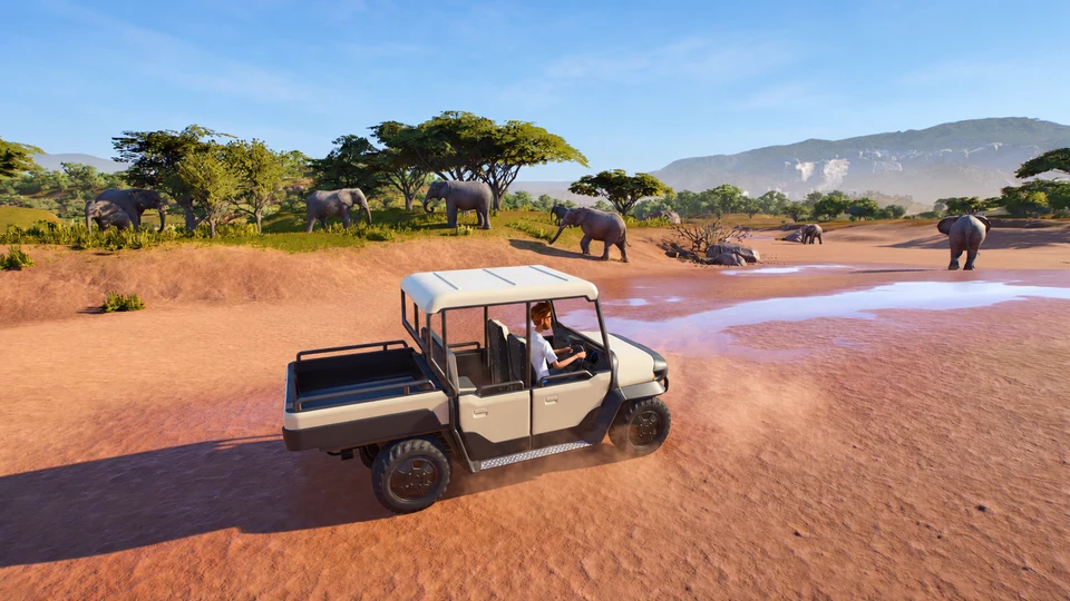 AI-edited view of a research vehicle beside elephants and a waterhole in a reserve